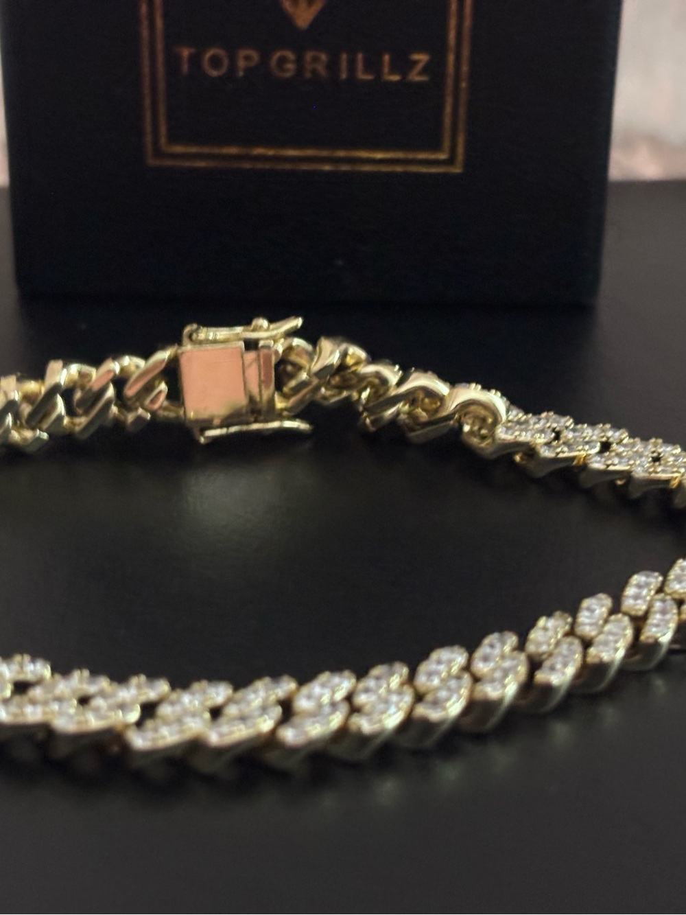 Gold-Tone Pave Cuban Link Ankle  Bracelet with Clear CZ Stones